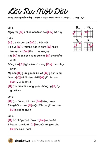 Hợp âm Lời Ru Một Đời (Nhật Kim Anh) – bản nhạc PDF trang 1, tông G