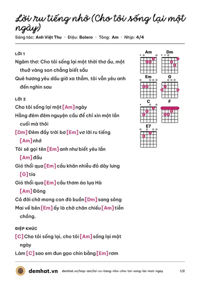 Hợp âm Lời ru tiếng nhớ (Cho tôi sống lại một ngày) (Như Ý) – bản nhạc PDF trang 1, tông Am