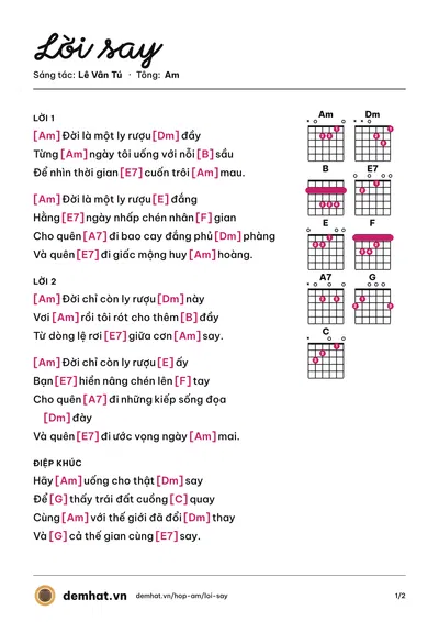 Hợp âm Lời say (Lê Vân Tú) – bản nhạc PDF trang 1, tông Am