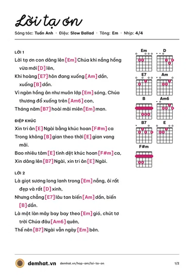 Hợp âm Lời tạ ơn (Lm. JB. Nguyễn Sang) – bản nhạc PDF trang 1, tông Em