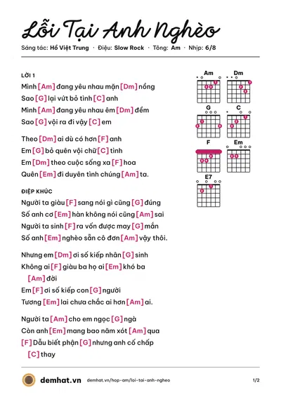 Hợp âm Lỗi Tại Anh Nghèo (Hồ Việt Trung) – bản nhạc PDF trang 1, tông Am