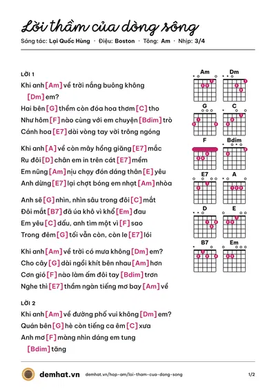Hợp âm Lời thầm của dòng sông (Thanh Lan) – bản nhạc PDF trang 1, tông Am