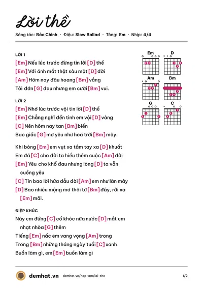 Hợp âm Lời thề (Quang Hà) – bản nhạc PDF trang 1, tông Em