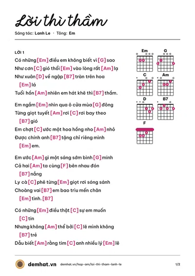 Hợp âm Lời thì thầm (Lệ Hồng) – bản nhạc PDF trang 1, tông Em