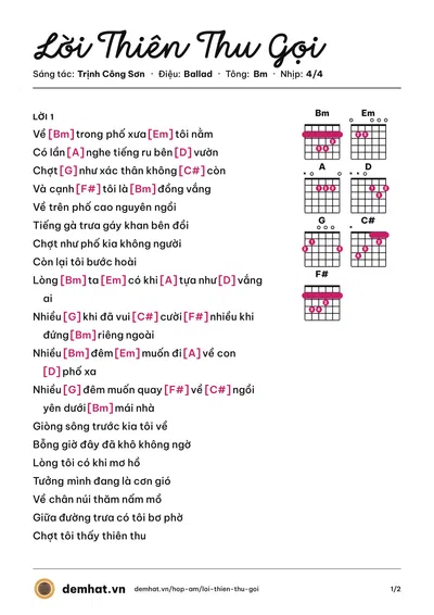 Hợp âm Lời Thiên Thu Gọi (Hồng Nhung) – bản nhạc PDF trang 1, tông Bm
