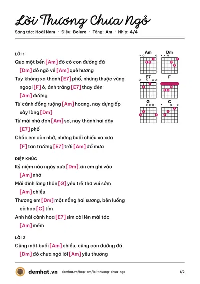 Hợp âm Lời Thương Chưa Ngỏ (Quang Lập) – bản nhạc PDF trang 1, tông Am