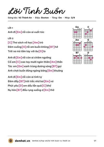 Hợp âm Lời Tình Buồn (Bằng Kiều) – bản nhạc PDF trang 1, tông Em