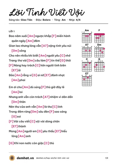 Hợp âm Lời Tình Viết Vội (Trường Vũ) – bản nhạc PDF trang 1, tông Am