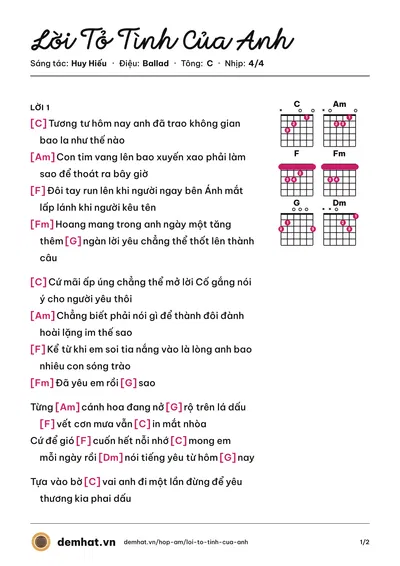 Hợp âm Lời Tỏ Tình Của Anh (Namchan) – bản nhạc PDF trang 1, tông C