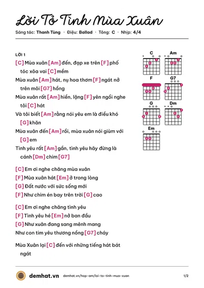 Hợp âm Lời Tỏ Tình Mùa Xuân (Phan Đinh Tùng) – bản nhạc PDF trang 1, tông C