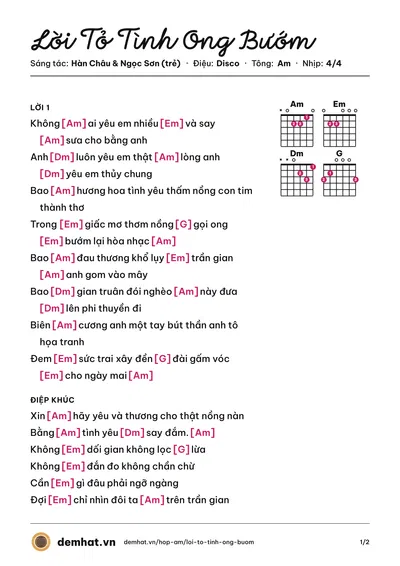 Hợp âm Lời Tỏ Tình Ong Bướm (Vũ Hùng) – bản nhạc PDF trang 1, tông Am