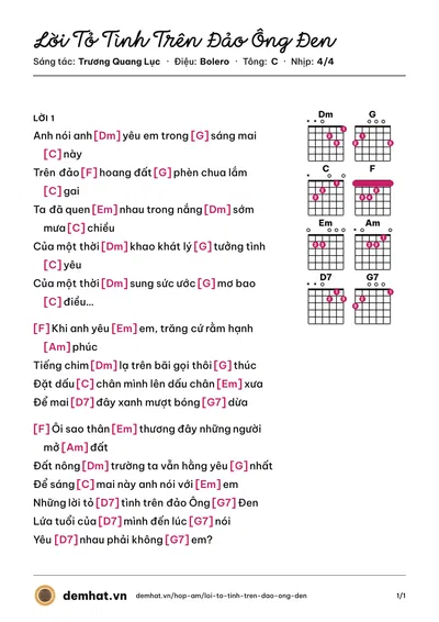 Hợp âm Lời Tỏ Tình Trên Đảo Ông Đen (Quốc Đại) – bản nhạc PDF trang 1, tông C
