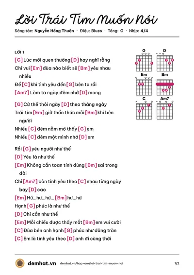 Hợp âm Lời Trái Tim Muốn Nói (Phan Đinh Tùng) – bản nhạc PDF trang 1, tông G