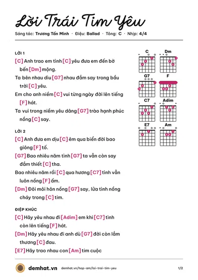 Hợp âm Lời Trái Tim Yêu (Hạnh Nguyên) – bản nhạc PDF trang 1, tông C