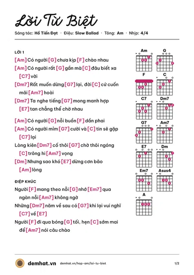 Hợp âm Lời Từ Biệt (Hà Anh Tuấn) – bản nhạc PDF trang 1, tông Am