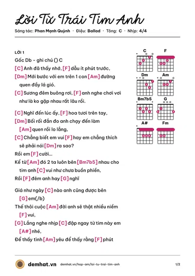 Hợp âm Lời Từ Trái Tim Anh (Phan Mạnh Quỳnh) – bản nhạc PDF trang 1, tông C