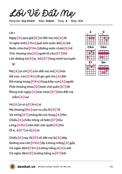 Hợp âm Lối Về Đất Mẹ (Duy Khánh) – bản nhạc PDF trang 1, tông A