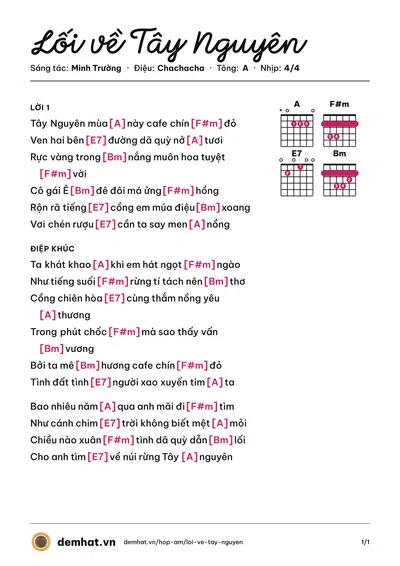 Hợp âm Lối về Tây Nguyên (Minh Trường) – bản nhạc PDF trang 1, tông A