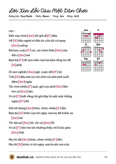 Hợp âm Lời Xin Lỗi Của Một Dân Chơi (Duy Mạnh) – bản nhạc PDF trang 1, tông Am
