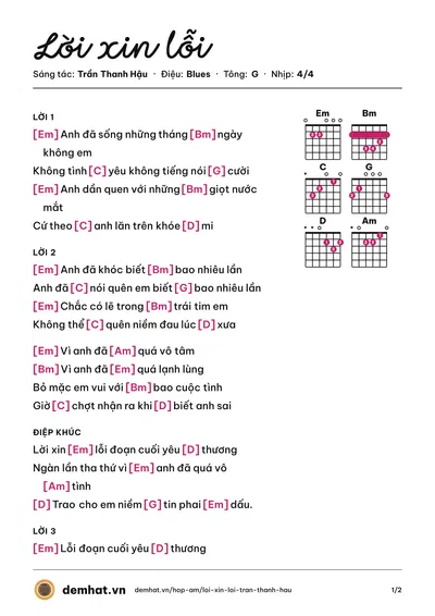 Hợp âm Lời xin lỗi (Trần Thanh Hậu) – bản nhạc PDF trang 1, tông G