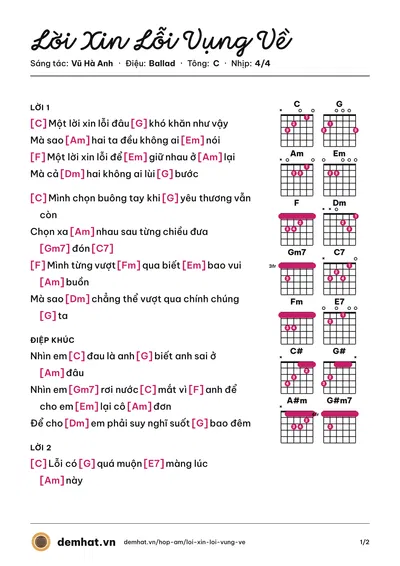 Hợp âm Lời Xin Lỗi Vụng Về (Quân A.P) – bản nhạc PDF trang 1, tông C