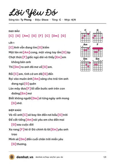 Hợp âm Lời Yêu Đó (HKT) – bản nhạc PDF trang 1, tông C