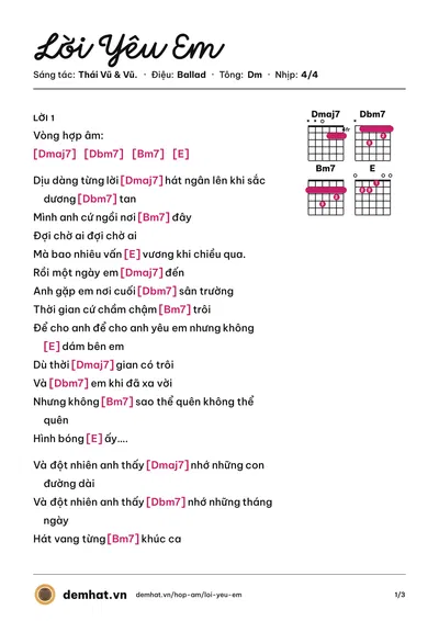 Hợp âm Lời Yêu Em (Thái Vũ) – bản nhạc PDF trang 1, tông Dm