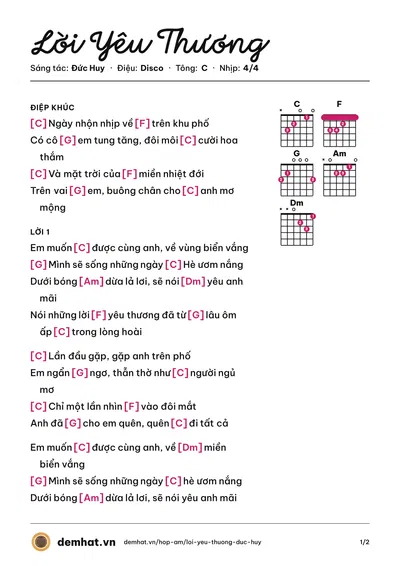 Hợp âm Lời Yêu Thương (Kyo York) – bản nhạc PDF trang 1, tông C