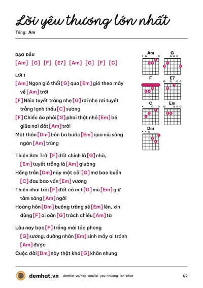 Hợp âm Lời yêu thương lớn nhất (Thiên Tú) – bản nhạc PDF trang 1, tông Am