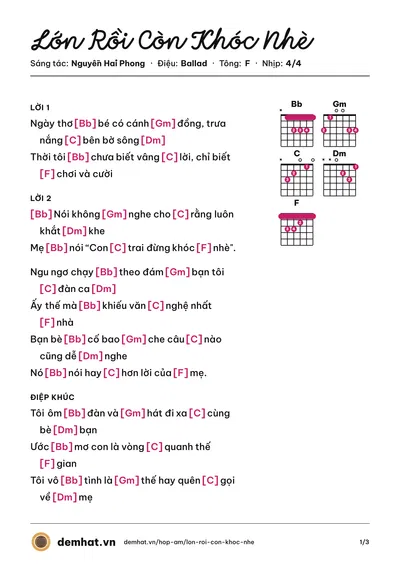 Hợp âm Lớn Rồi Còn Khóc Nhè (Trúc Nhân) – bản nhạc PDF trang 1, tông F