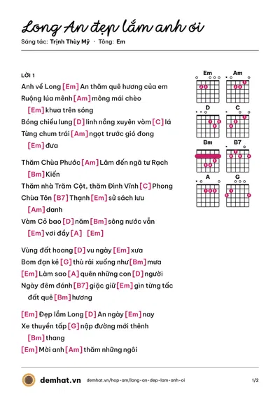 Hợp âm Long An đẹp lắm anh ơi (Trịnh Thùy Mỹ) – bản nhạc PDF trang 1, tông Em