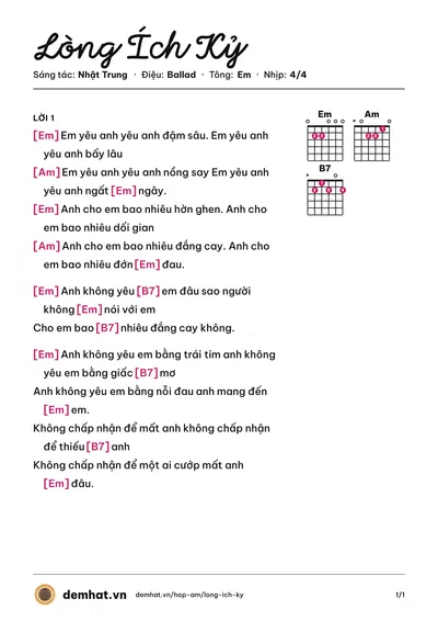 Hợp âm Lòng Ích Kỷ (Minh Hằng) – bản nhạc PDF trang 1, tông Em