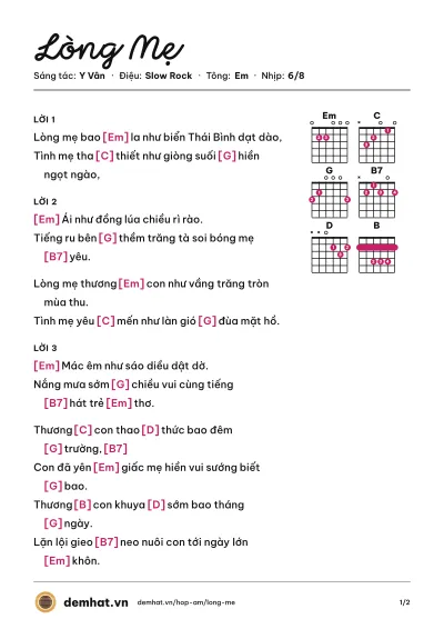 Hợp âm Lòng Mẹ (Hương Lan) – bản nhạc PDF trang 1, tông Em