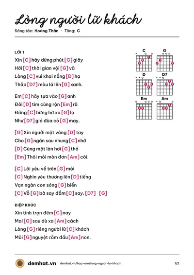 Hợp âm Lòng người lữ khách (Lệ Hồng) – bản nhạc PDF trang 1, tông C