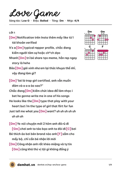 Hợp âm Love Game (Low G) – bản nhạc PDF trang 1, tông Dm