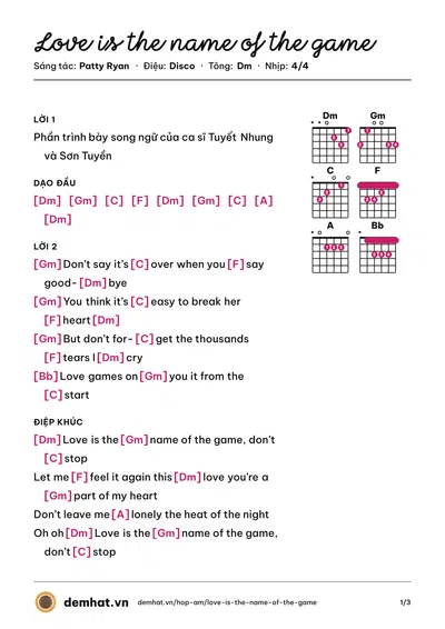 Hợp âm Love is the name of the game (Patty Ryan) – bản nhạc PDF trang 1, tông Dm