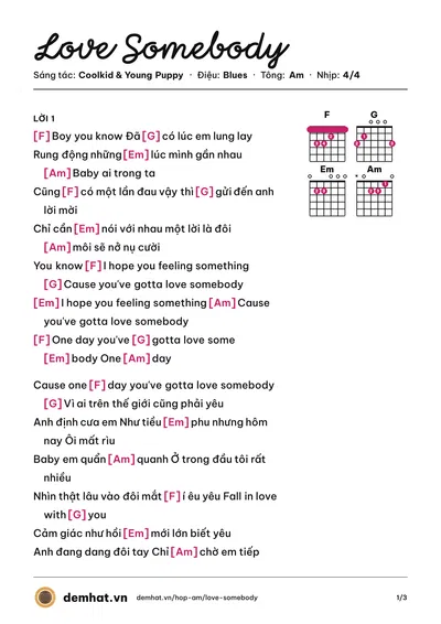 Hợp âm Love Somebody (Coolkid) – bản nhạc PDF trang 1, tông Am