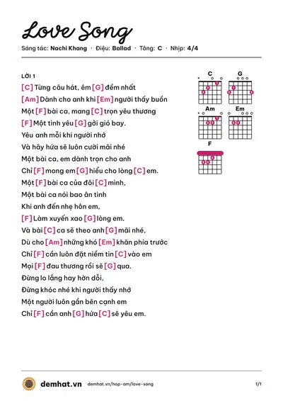Hợp âm Love Song (Lương Minh Trang) – bản nhạc PDF trang 1, tông C