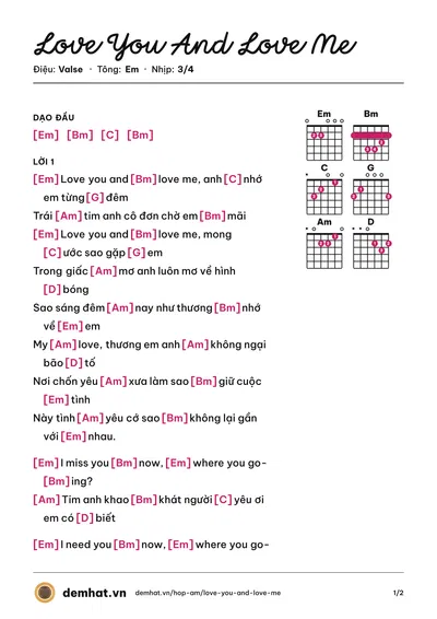 Hợp âm Love You And Love Me (Lưu Giai) – bản nhạc PDF trang 1, tông Em