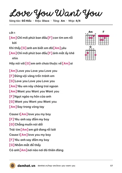 Hợp âm Love You Want You (Lip B) – bản nhạc PDF trang 1, tông Am