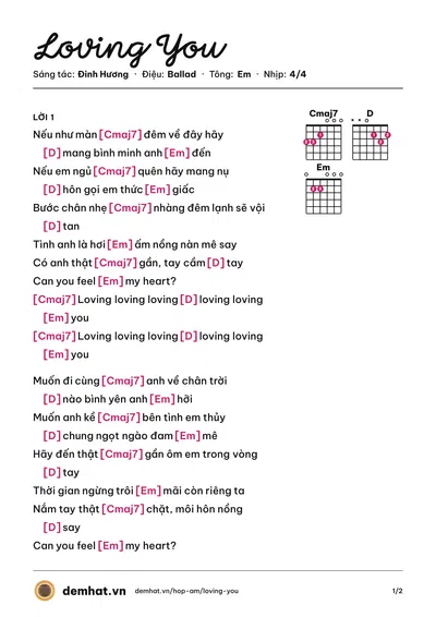 Hợp âm Loving You (Đinh Hương) – bản nhạc PDF trang 1, tông Em