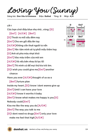 Hợp âm Loving You (Sunny) (Đen Vâu) – bản nhạc PDF trang 1, tông D