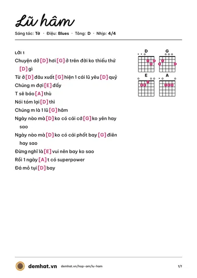 Hợp âm Lũ hâm (Tờ) – bản nhạc PDF trang 1, tông D