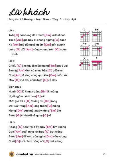 Hợp âm Lữ khách (Lữ Phương) – bản nhạc PDF trang 1, tông C
