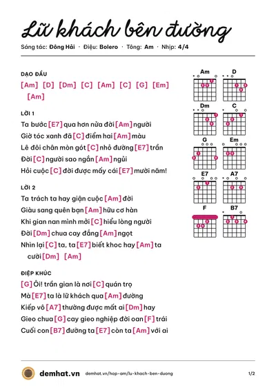 Hợp âm Lữ khách bên đường (Phương Anh) – bản nhạc PDF trang 1, tông Am