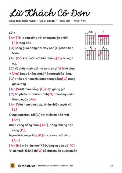 Hợp âm Lữ Khách Cô Đơn (Trần Tuấn) – bản nhạc PDF trang 1, tông Am