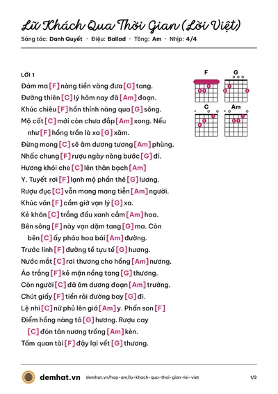Hợp âm Lữ Khách Qua Thời Gian (Lời Việt) (Danh Quyết) – bản nhạc PDF trang 1, tông Am