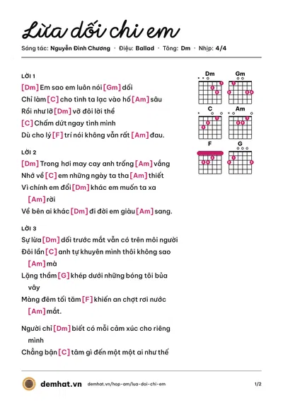 Hợp âm Lừa dối chi em (Nguyễn Đình Chương) – bản nhạc PDF trang 1, tông Dm