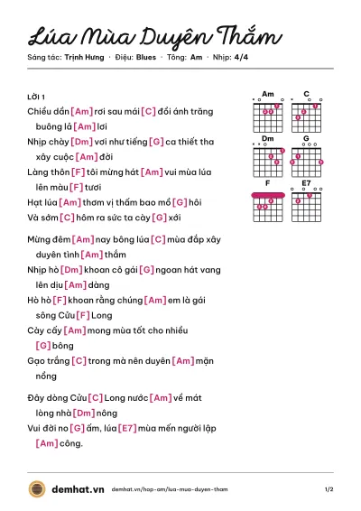 Hợp âm Lúa Mùa Duyên Thắm (Như Quỳnh) – bản nhạc PDF trang 1, tông Am