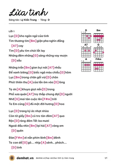 Hợp âm Lửa tình (Tố My) – bản nhạc PDF trang 1, tông D